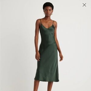 Quince 100% Washable Silk Slip Dress in Forest Green